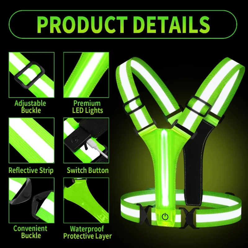LED Running Vest USB Rechargeable Reflective Glowing Reflector Straps High Visibility Night Running Riding Clothing Elastic Band