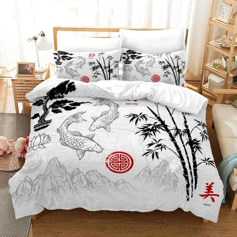 Wash Painting Bedding Set Chinese Style 3d Printed Duvet Cover with Pillowcase Ink and Wash Flower Bamboo Design Comforter Cover