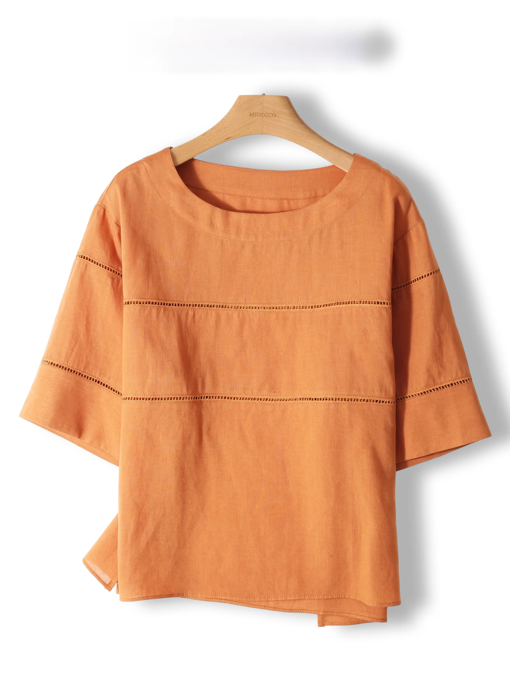 

P Label Casual Linen Women's Shirt Breathable Hollow out Seven Sleeve Loose Fit Summer Short Sleeve Hollow Airy Casual Shirt