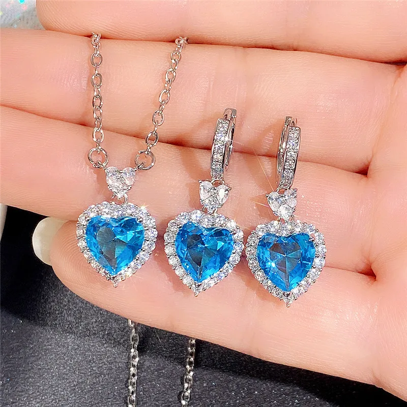 Lover Heart Rhinestone Long Pendant Full Crystal Stainless Steel Necklace & Earrings Elegant Bridal Wedding Jewelry Set