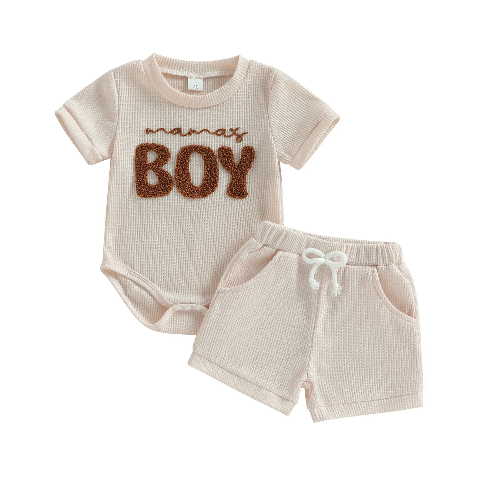 

Baby Boy Summer Outfits Letter Embroidered Crew Neck Short Sleeve Romper and Shorts 2 Pcs Set