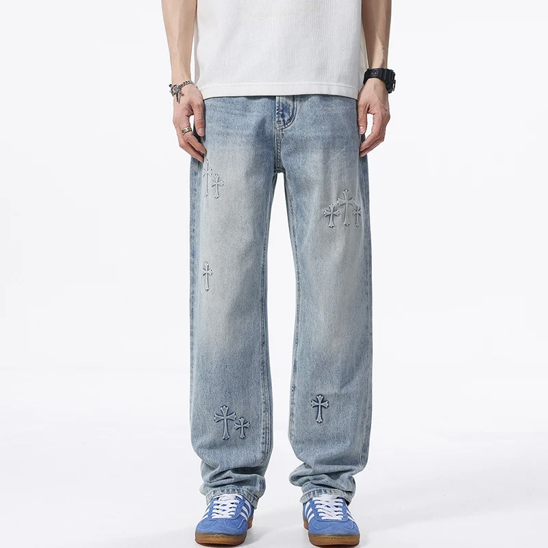 

Весенне-осенние новые стили, мужские узкие джинсы с перекрестными узкими джинсами, повседневные прямые мужские джинсовые брюки с широкими штанинами