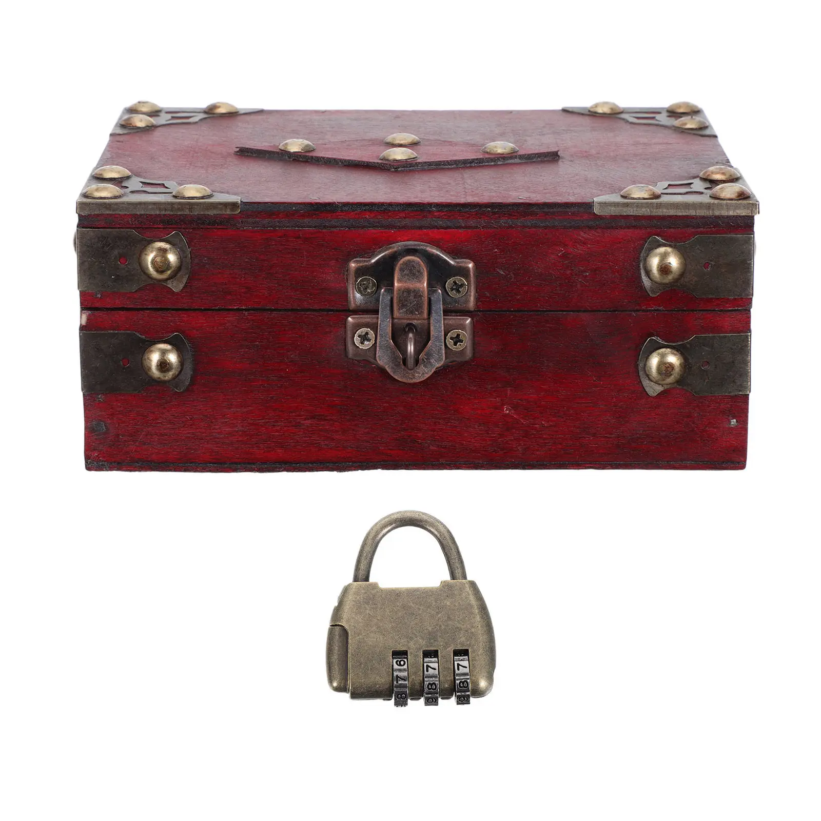 Vintage Wooden Treasure Chest Red 3-Digit Combination Lockable Jewelry Box Key Keepsake Case Trinket Storage Chest