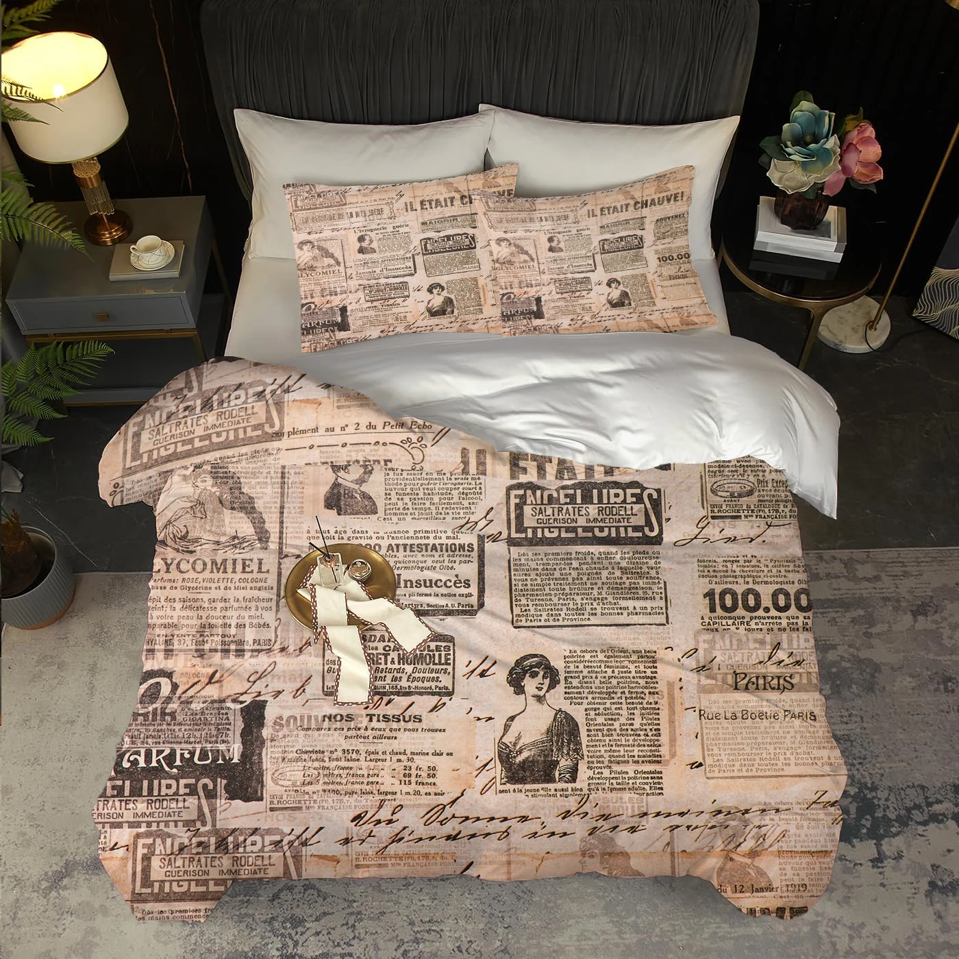 

3D printed duvet cover with old newspaper patterns, simple style, luxurious bedding, soft and comfortable duvet cover, pillowcas