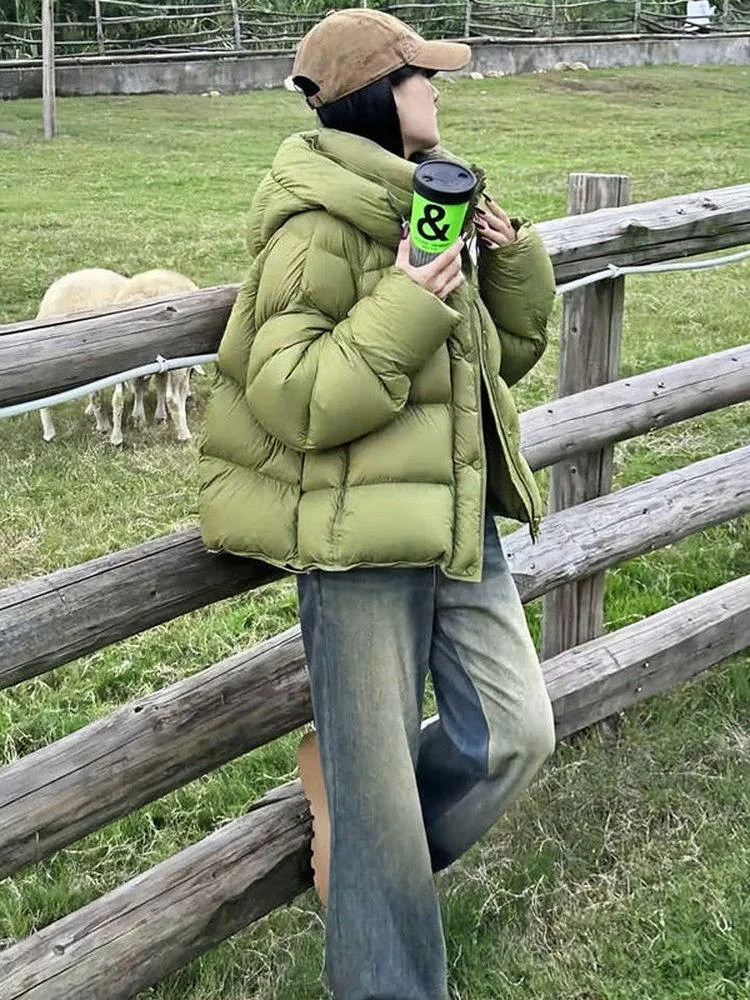 

Short Puffer Jacket Women's Miniature 2026 Winter New White Duck down Breadstick Green Turtle Back Puff Coat Outerwear