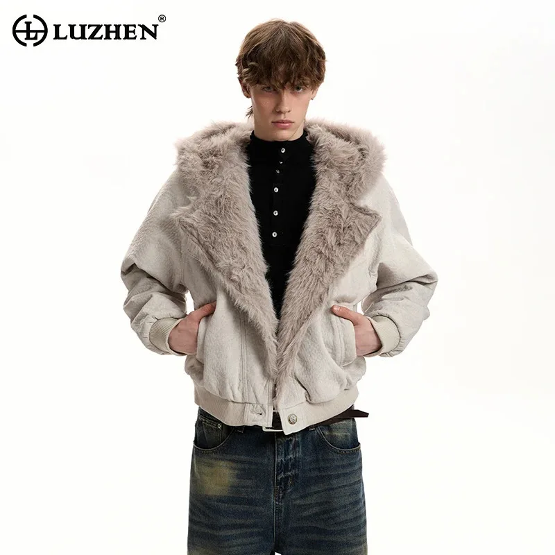 

LUZHEN 2025 Winter New High Quality Fleece Liner Hooded Coat Men Fashion Solid Color Handsome Cross Placket Padded Jacket JY5145