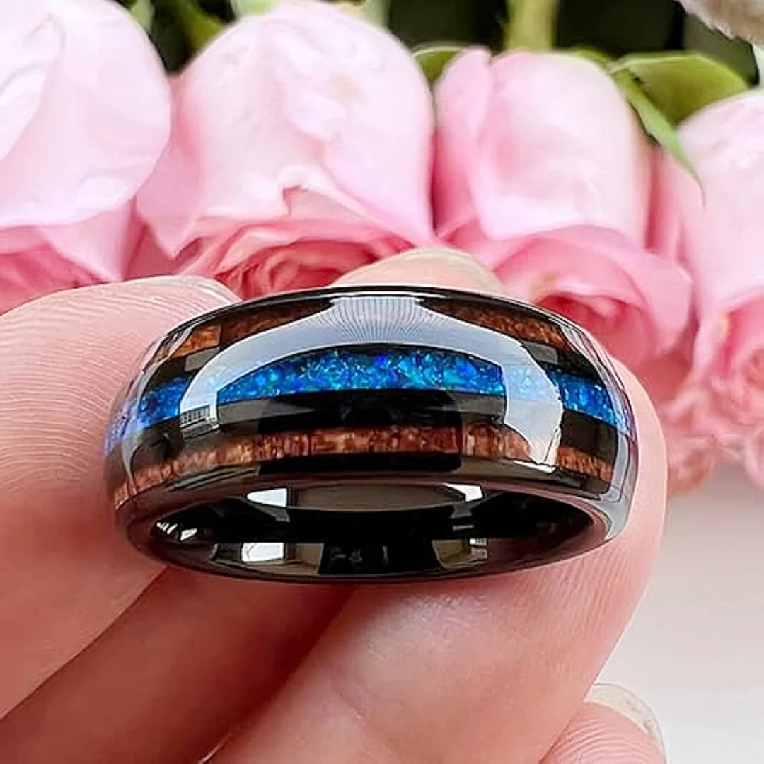 8MM Unique Blue Opal Inaly Men's Black Stainless Steel Rings Koa Wood Wedding Band Jewelry Party Steel Ring Accessory Wholesale