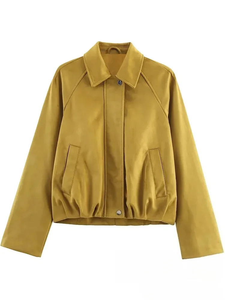 

KONDALA уличная одежда шикарные желтые замшевые куртки-бомберы женские короткие пальто на молнии с длинными рукавами мода 2025 осень повседневная верхняя одежда для девочек