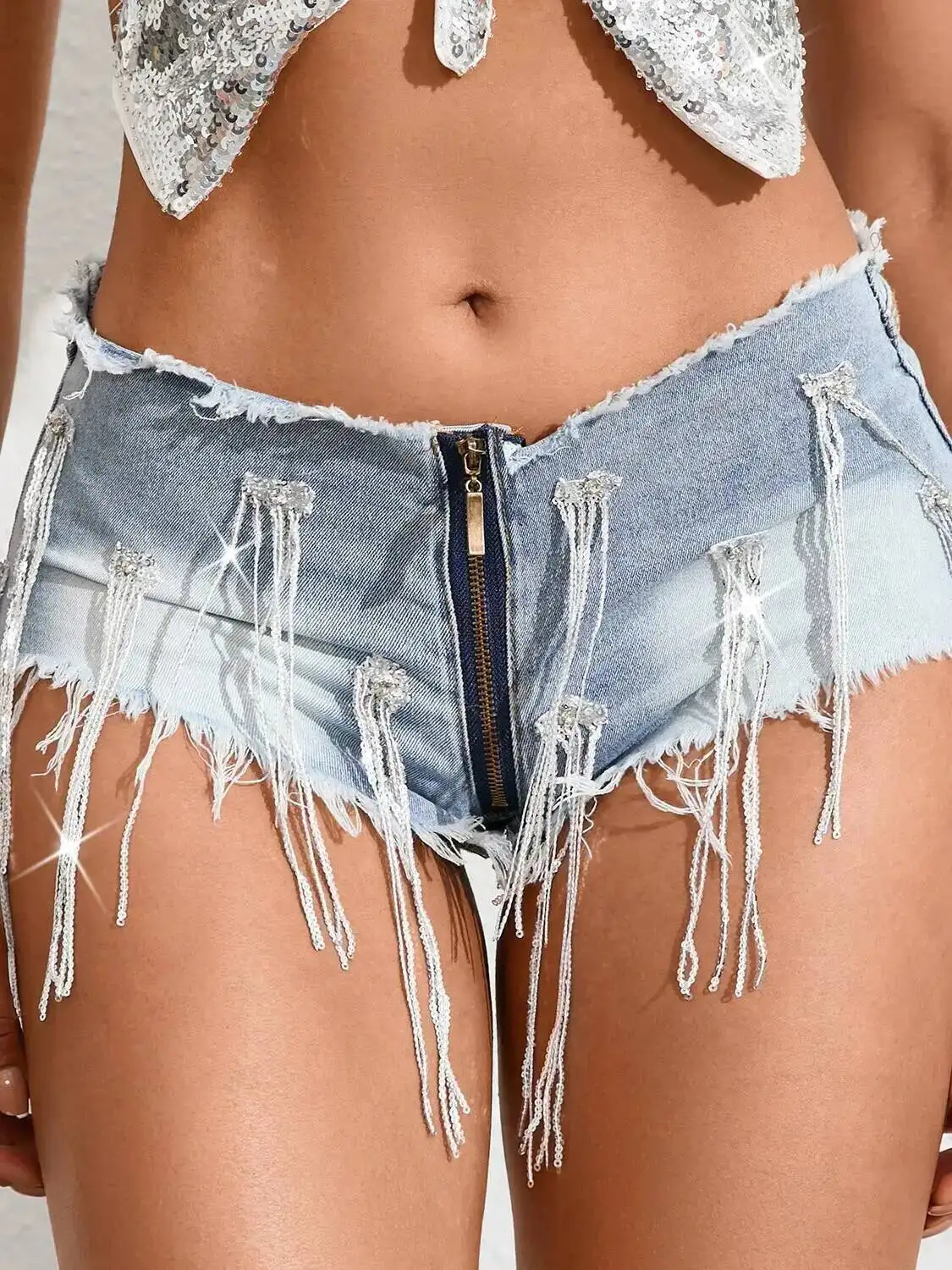 الترا منخفضة الخصر الساخن فتاة الجينز سستة السراويل أنيقة مثير الترتر شرابة الدنيم عادية السراويل النساء مرونة عالية ممزق WQE0