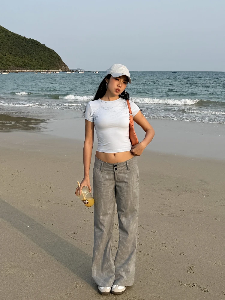 

MIMIETTE Retro High Waist Striped Flared Pants Slimming Leggings Low Waist Bell Bot Faionable Trousers for Women