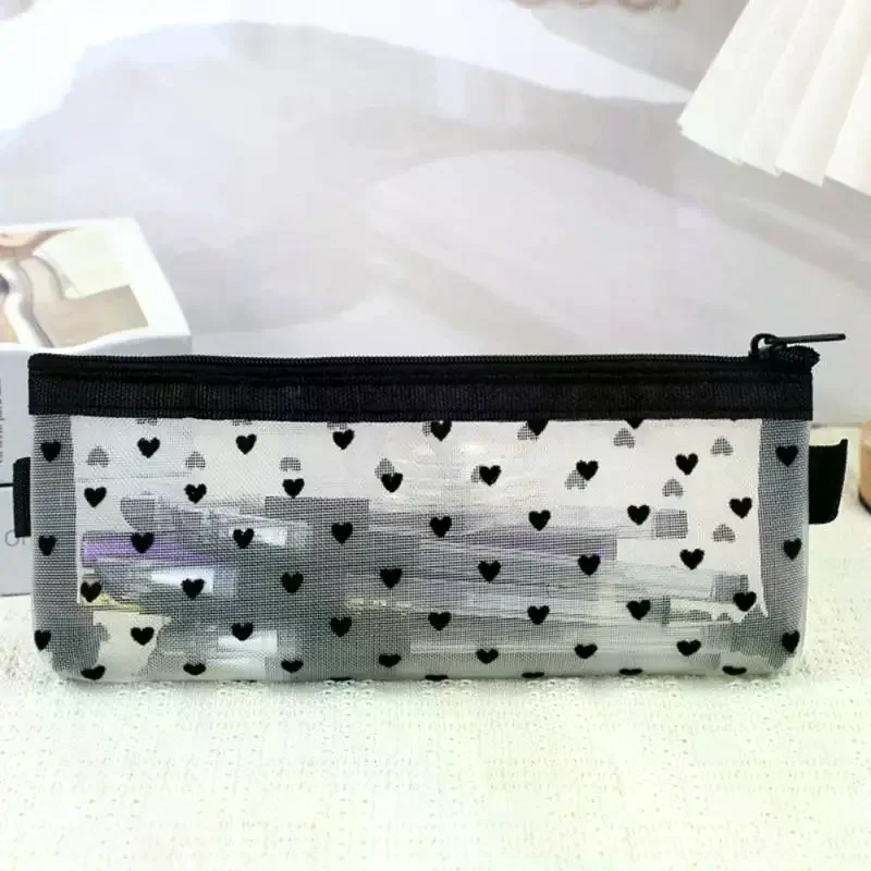 /Kuz/3Pcs Heart Print Mesh Makeup Brush Organizer Set Transparent Nylon Pouches For Brushes, Cosmetics & Small Items