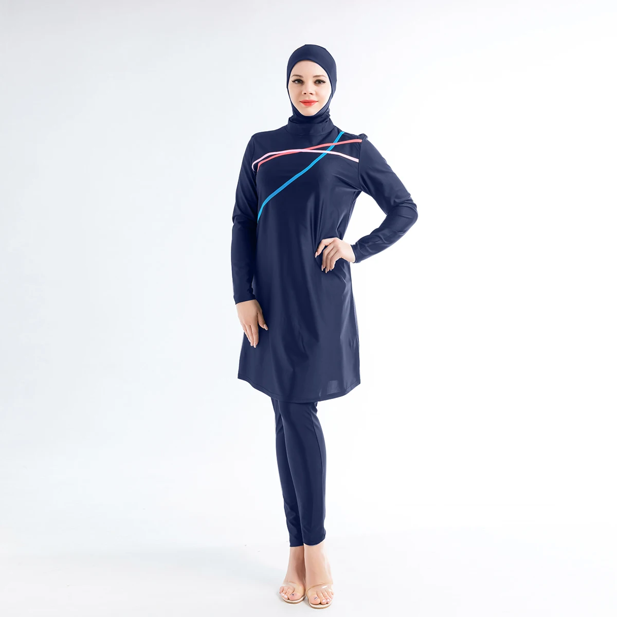 3PCS Muslim Swimwear Women\'s Printed Solid Color Patchwork Hijab Long Sleeve Sports Islamic Burkini Wearing Swimwear