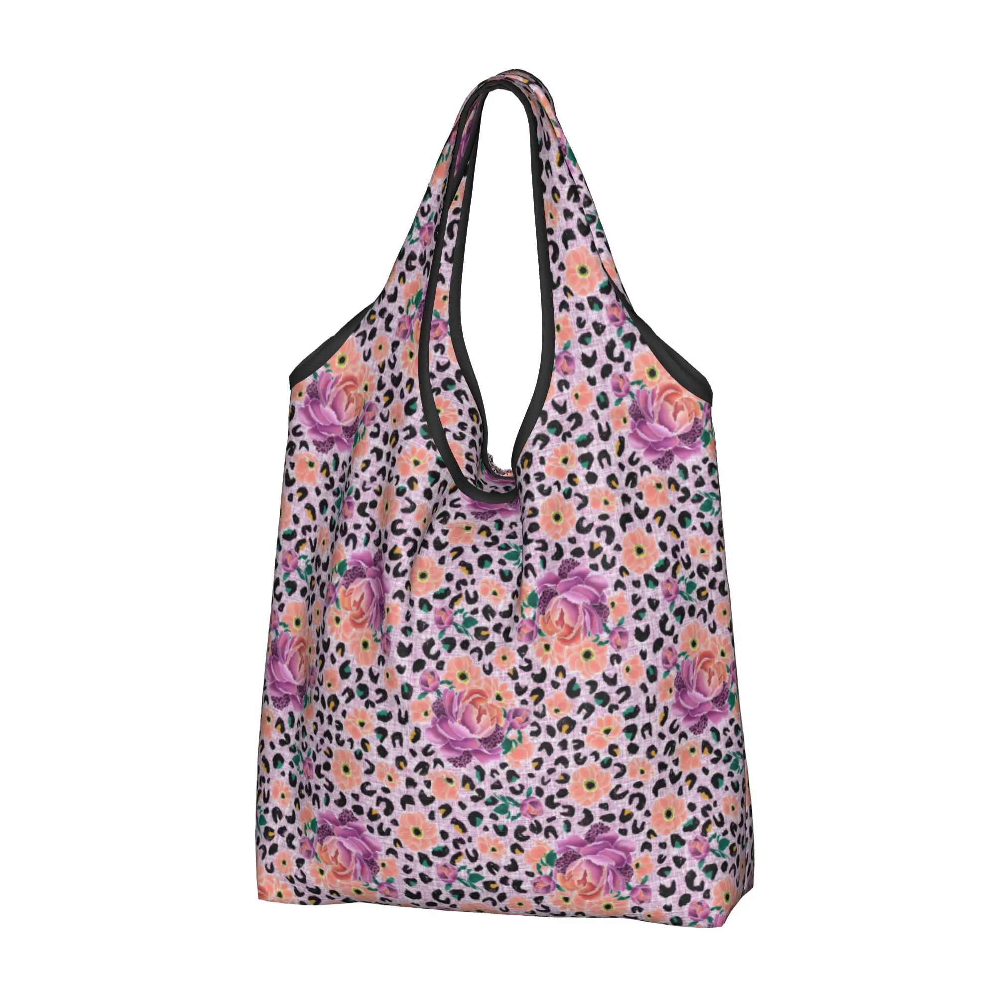Custom Floral and Leopard  Shopping Bag Women Portable Large Capacity Grocery Wild Bloom Peach and Magenta  Shopper Tote Bags