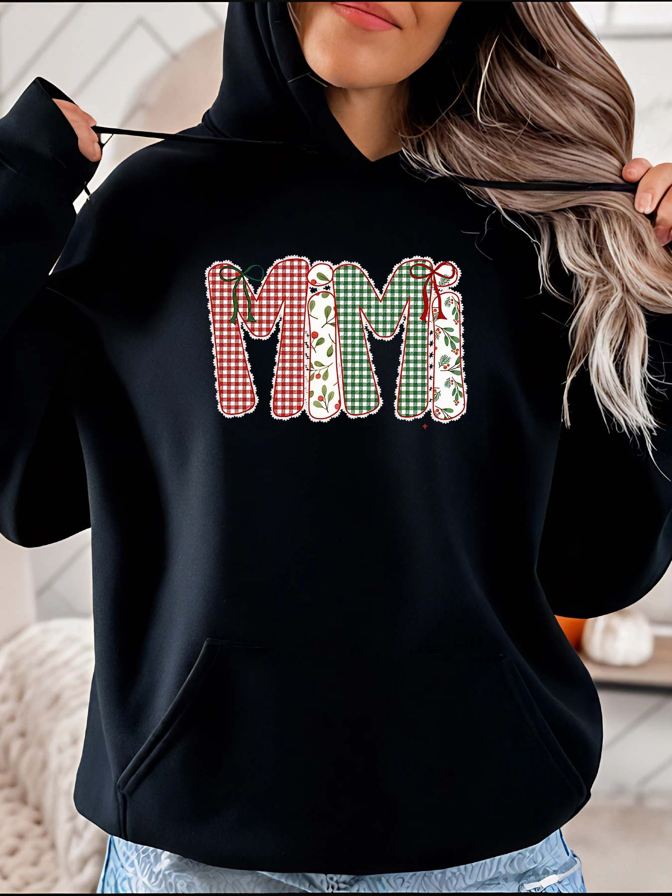 Kerst Mimi Hoodie Geruite Print Dames Casual Sweatshirt Vakantiecadeau voor oma 280
