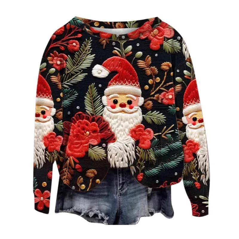 Red Christmas Women\'s Long Sleeved Hoodie Cartoon Santa Claus Pattern Round Neck Pullover Hoodie Top Versatile Autumn New Item