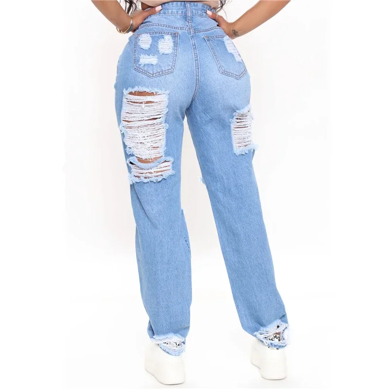 2024 Summer New Arrival Sexy Hole Ripped Boyfriend Jeans Women Fashion High Waisted Loose Casual Wide Leg Denim Pants Trousers