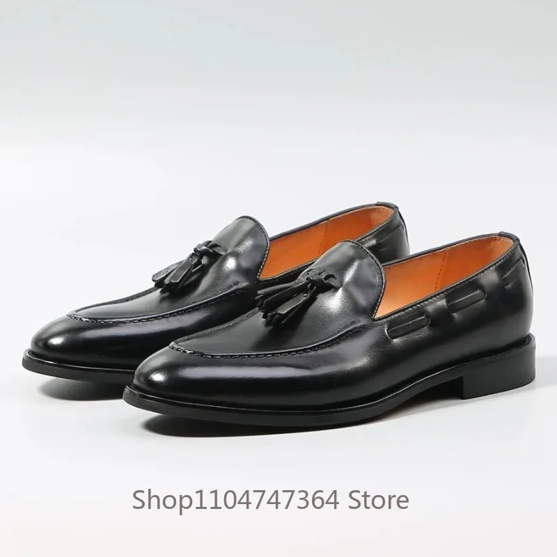 New Casual Business Formal Leather Shoes Men's Tassel Genuine Leather Slip on Loafers Male Round Toe Breathable Wedding Shoes