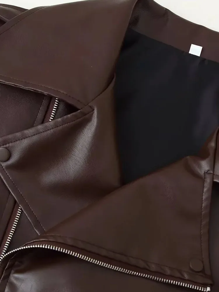 Veste en cuir ample et décontractée pour femme, manches longues, fermeture éclair, revers, à lacets, courte, vêtements d'extérieur quotidiens, automne 2025