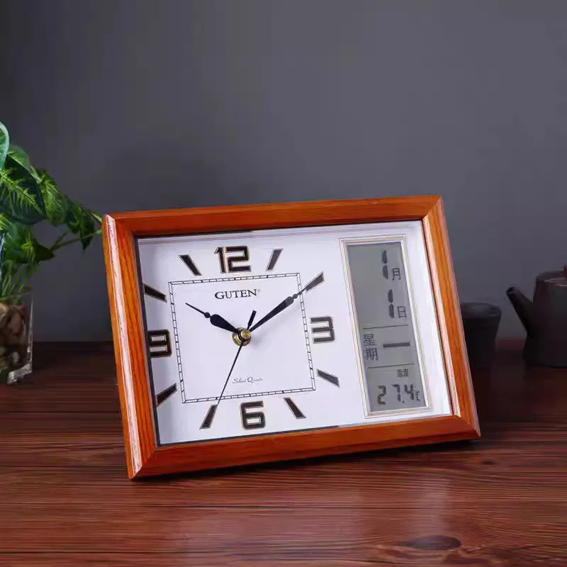 Jinzhongbao Solid Wood Quartz Clock Modern Simple Silent Wall Hanging Desktop Clock with Calendar for Living Room Bedroom