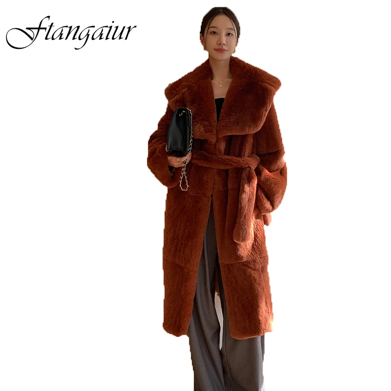 

Ftangaiur Winter Import Rex Rabbit Fur Coat Women Turn-Down Collar With Sashes Full Sleeve X-Long Natural Rex Rabbit Fur Coats