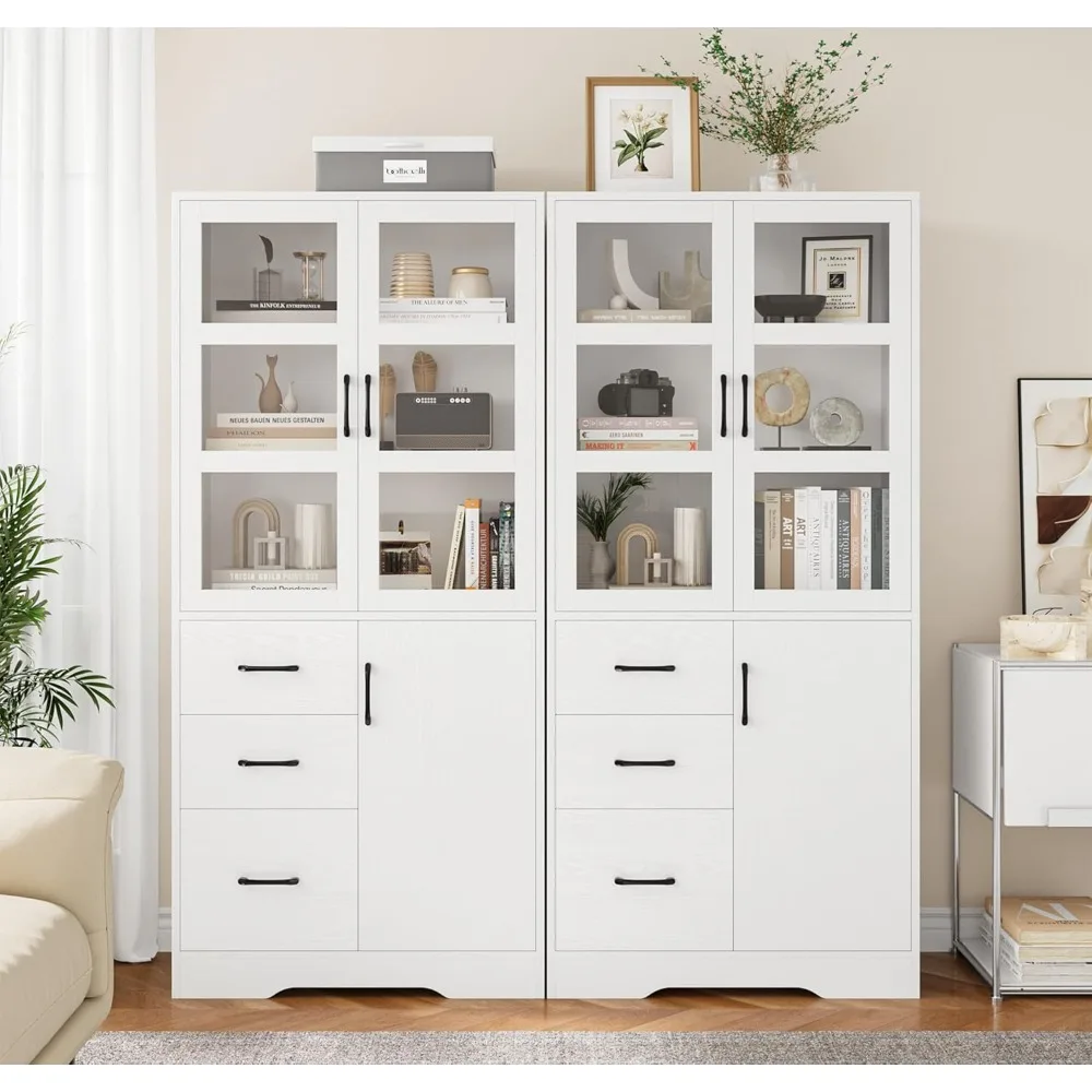 Hoher Badezimmerschrank mit Glastüren und Regalen, 67,6 cm moderner hoher Schrank mit 3 Schubladen, Leinenschränke, Weiß