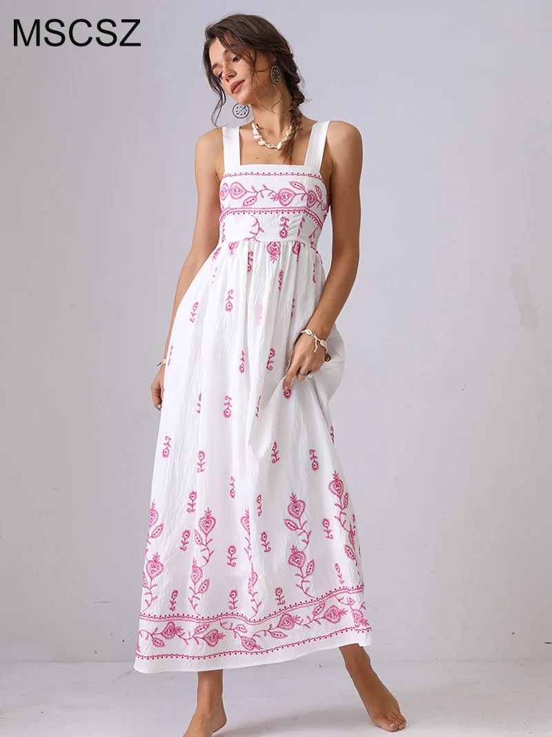 

MSCSZ Floral Embroidered Dress For Women Square Neck Shirred Back Fit And Flare Maxi Dress Vintage Long Summer Beach Dress