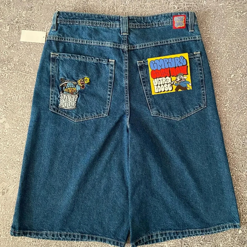 Pantaloncini stile Hip-Hop Rock And Roll americano Y2K Jeans ricamati con cuciture per industria pesante Harajuku pantaloncini dal Design personalizzato