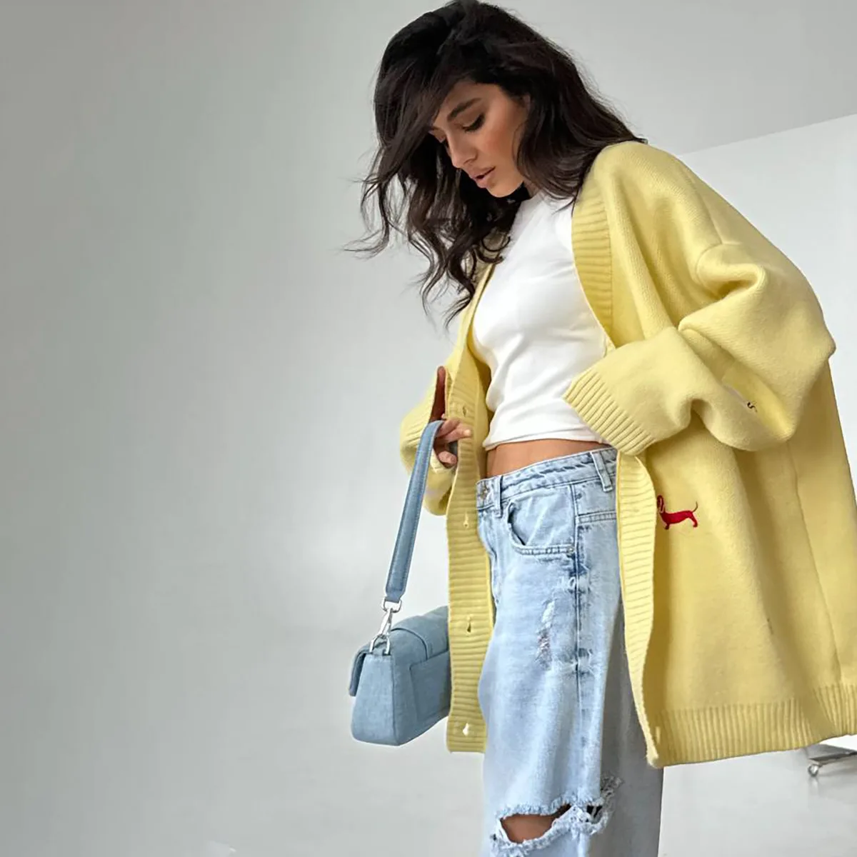 Kardigan Uniwersalny Długi Rękaw Dekolt w Serek Top 2025 Nowa Jesienna Modna Damska Sweterka Casual z Haftem Psa Rasy Dachshund