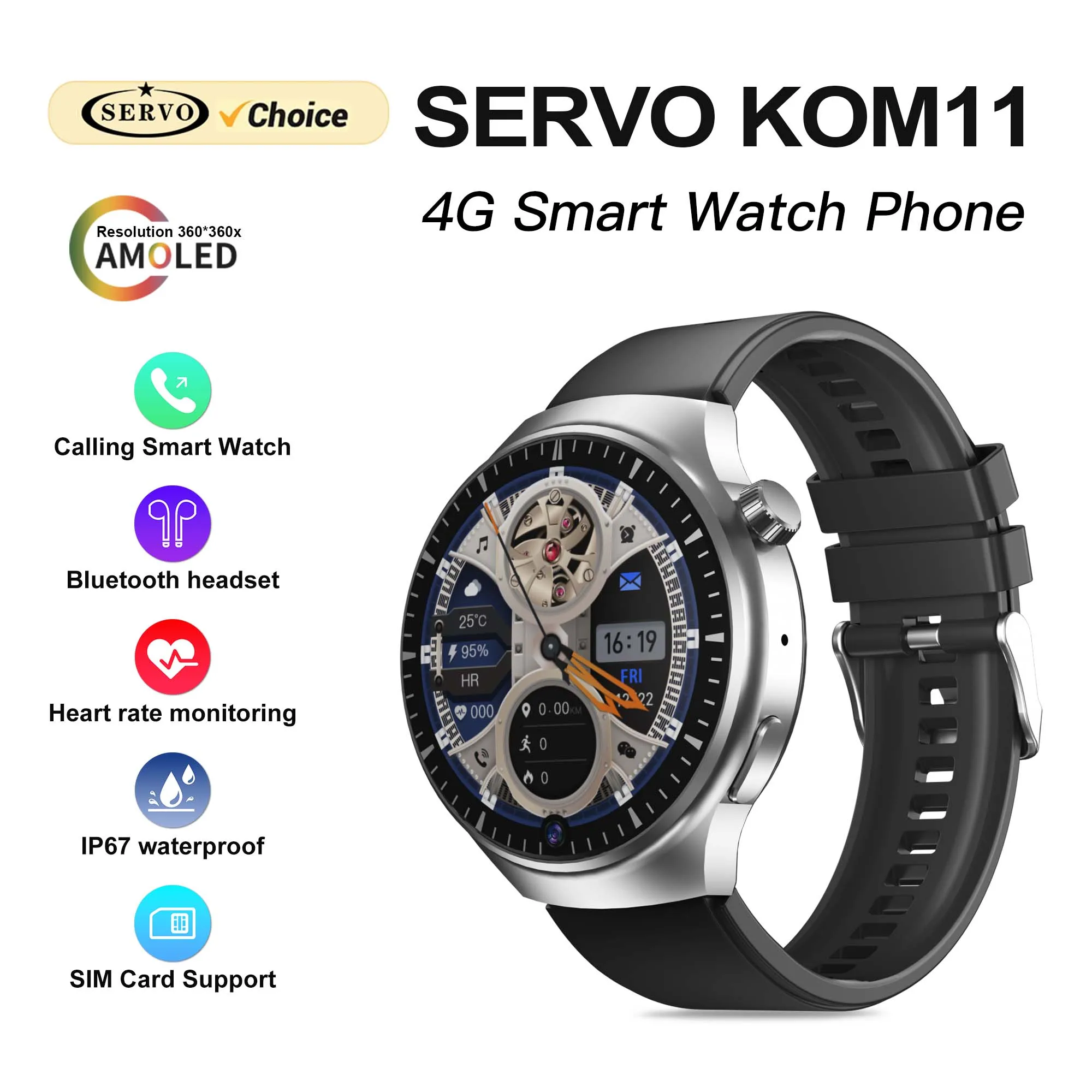 SERVO KOM11 4G Smartwatch IP67 Waterproof NFC GPS WIFI Camera Android SIM Card Cell Watch Heart Rate Monitor Face Recognition