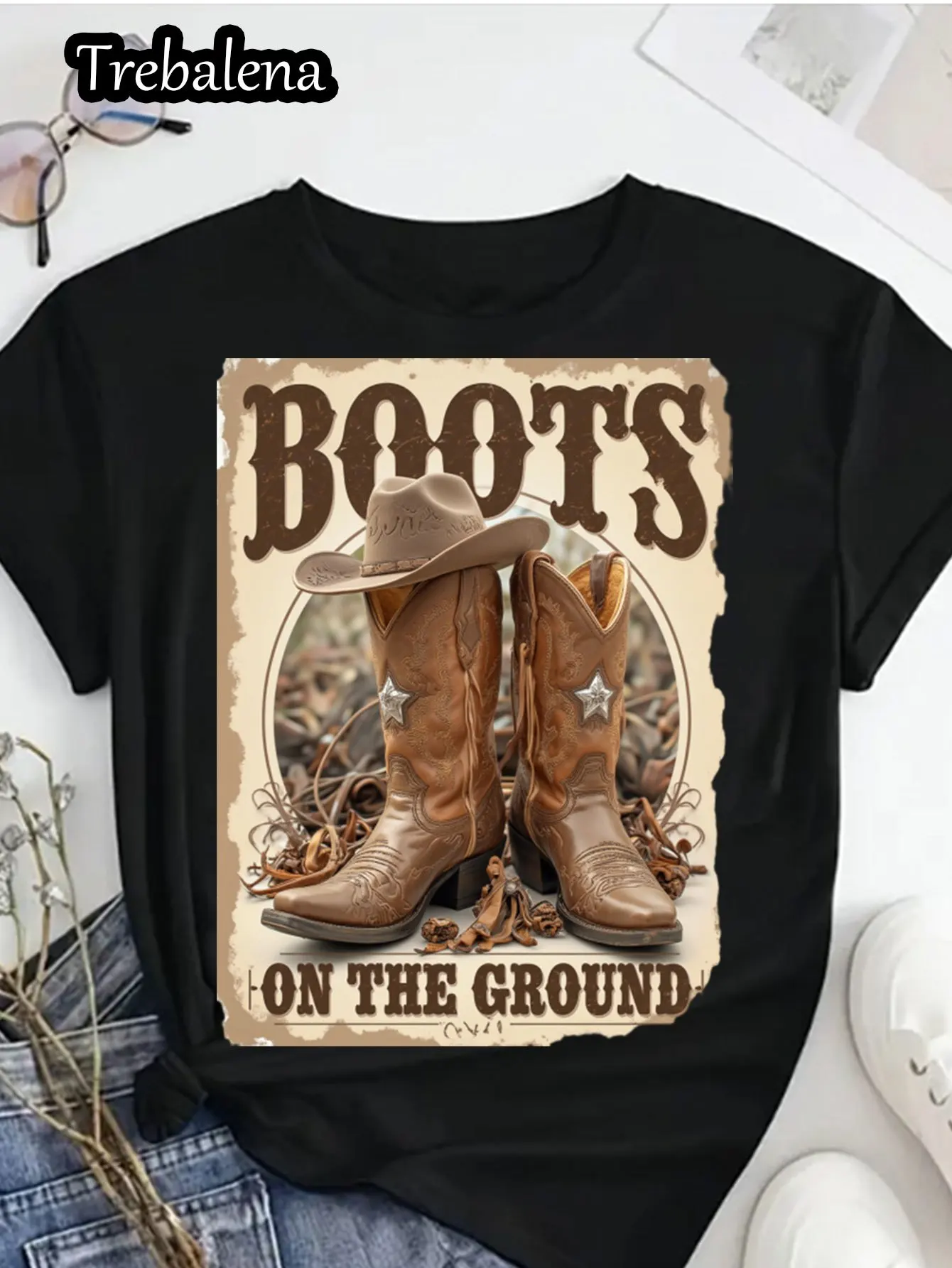 T-shirt da donna taglie forti Stivali sul terreno Stivali da cowboy T-shirt grafica T-shirt stile occidentale per abbigliamento estivo casual da donna