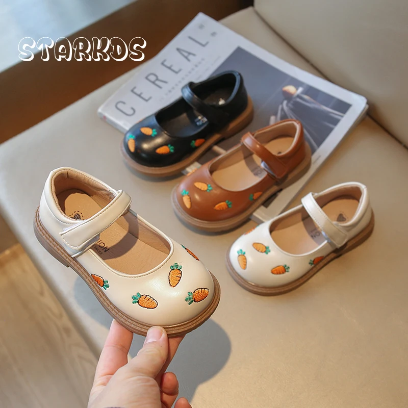 

Cute Carrot Embroidery Ballet Flats Girls White Pu Leather Dress Shoes Baby Kids Spring New Thick Sole Mary Jane Zapatos