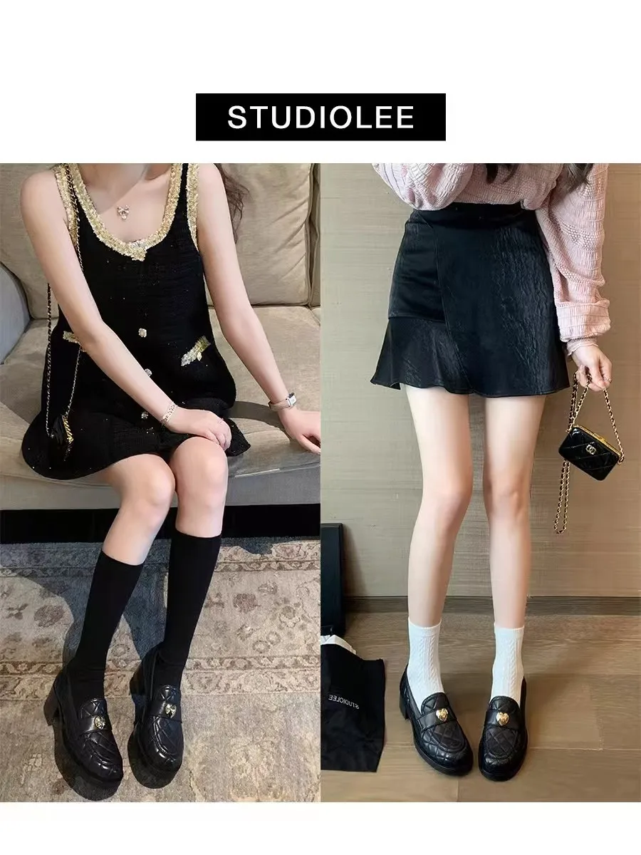 أسود كعب مكتنز أحذية لوفر للإناث النساء الخريف جديد سميكة وحيد الانزلاق على الجلود الضحلة أنيقة أحذية مصممين الأزياء #4