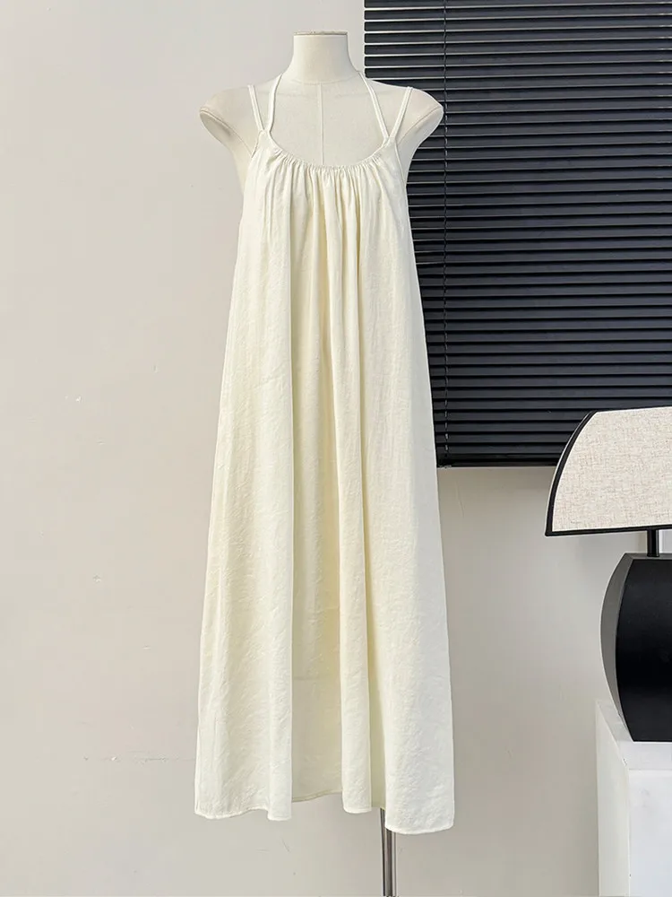 Korean style Summer Elegant Women Spaghetti Strap Sleeveless Pleated Midi Dress Beach Holiday Boho Long Dresses Vestidos