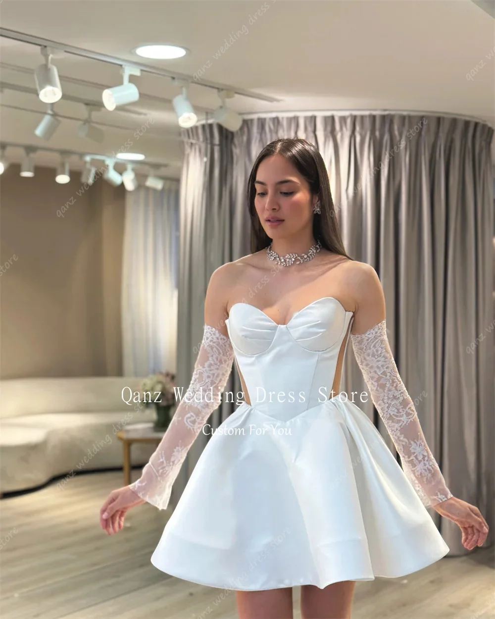 Qanz White Satin Wedding Dresses Women Sweetheart Short A Line Vestidos De Novias Civil Removable Sleeves Bridal Gown Customized