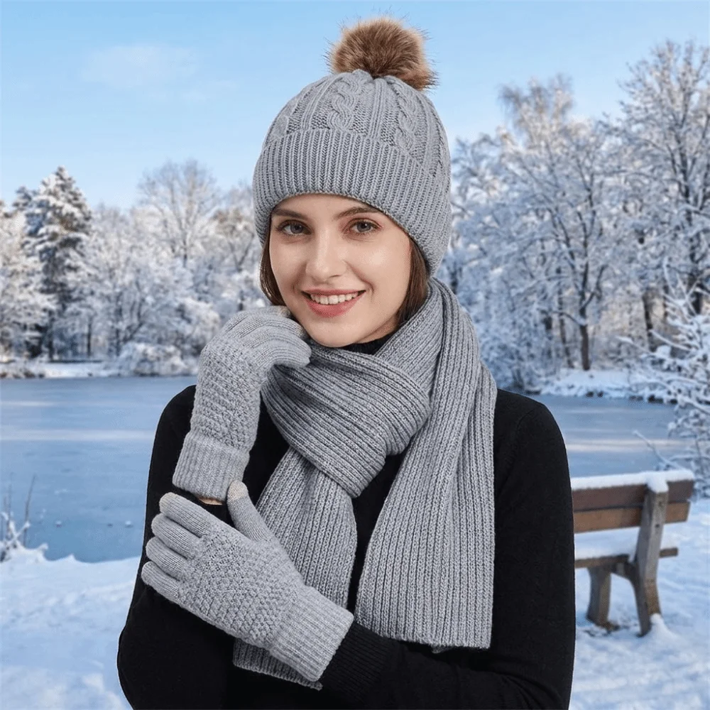3Pcs/Set Cold Proof Scarf Hat Gloves Set Touch Screen Elastic Pullover Cap Acrylic Fibers Solid Color Knitted Scarf Outdoor