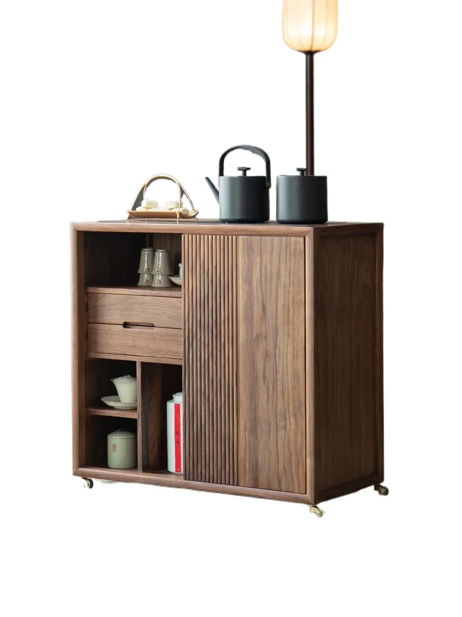 Solid wood tea water cabinet new Chinese mobile tea side cabinet black walnut kettle integrated storage  side
