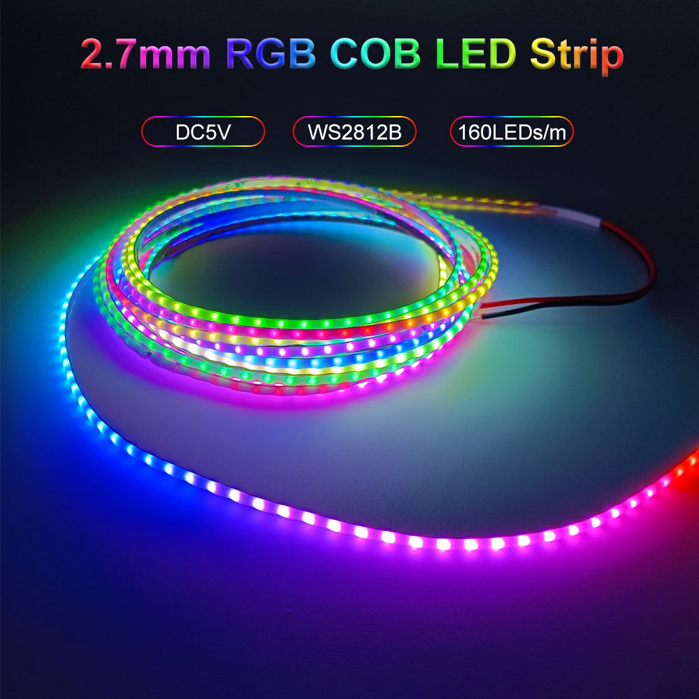 

2.7mm COB LED Strip Ultra Narrow WS2812B Individually Addressable Flexible RGBIC Colorful Pixel Light 160Leds/M White PCB DC5V