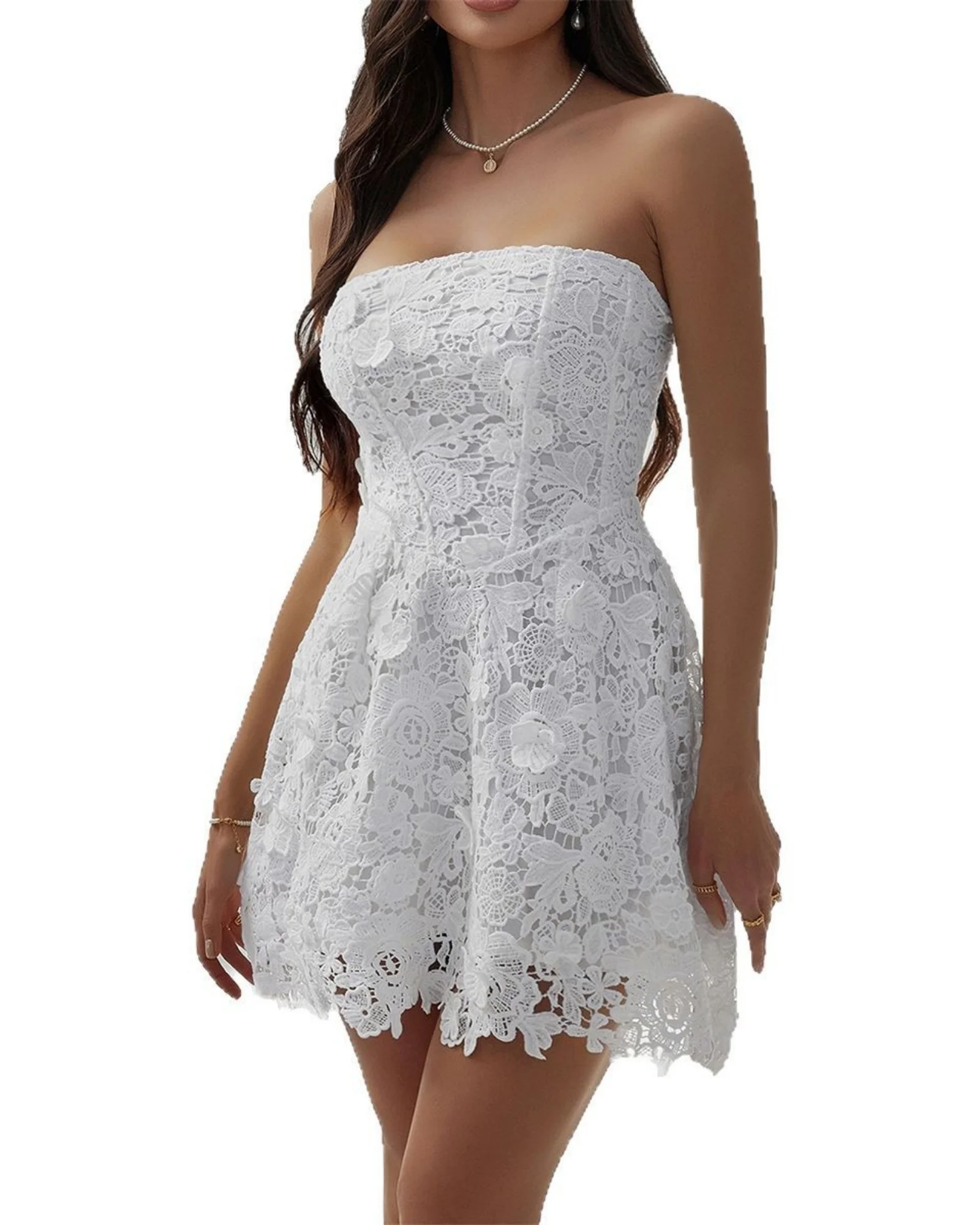 

LUCYSHIHATTU 2025 New Simple Solid Color Women Embroidered Short Dress Sexy Strapless Female Evening Dresses