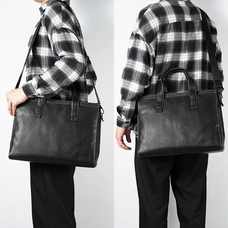 Genuine leather men's simple and high-end briefcase, large capacity 14-inch computer bag high-end single-shoulder bag for travel