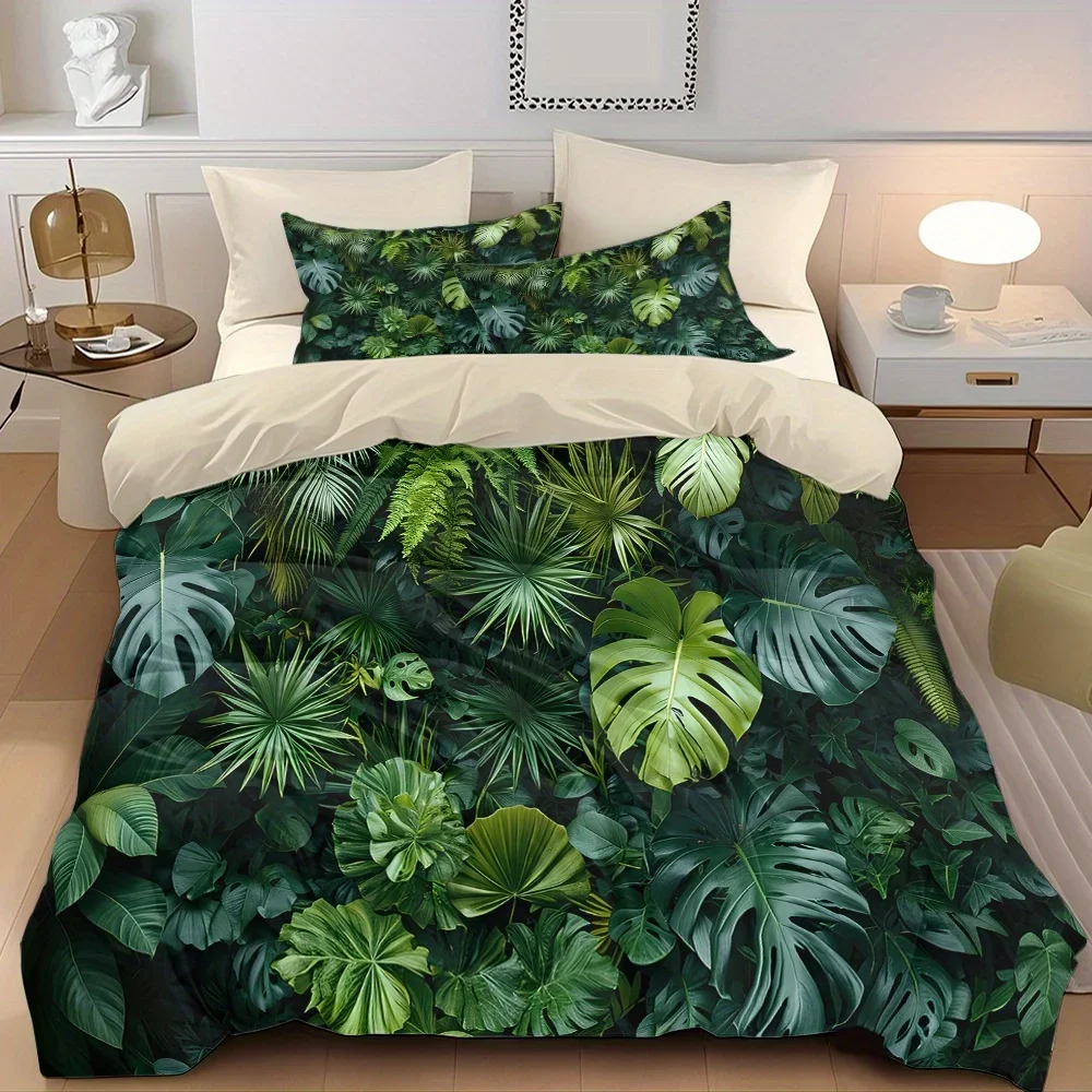 Ensemble de couette imprimé plantes tropicales vert foncé, 3 pièces, comprend 1 housse de couette et 2 taies d'oreiller (sans remplissage)