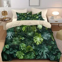 3pcs Dark Green Tropical Plants Printed Quilt Set- Includes 1 Quilt Cover and 2 Pillow Cover (without Filler)