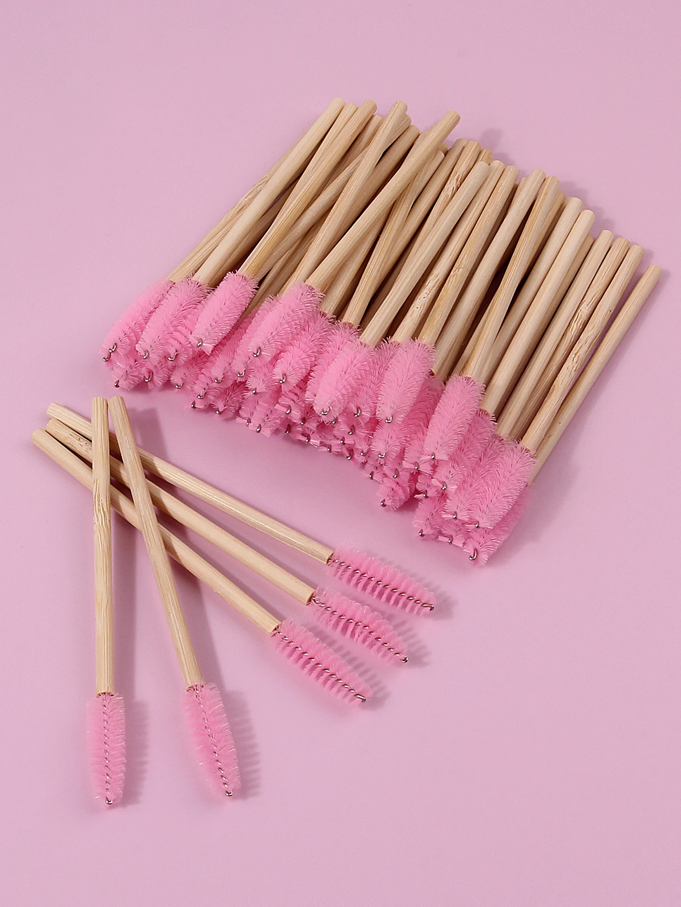 50PCS pink bamboo-handled mascara brush, mini eyebrow brush, spiral eyelash curl makeup brush, portable eye makeup tool