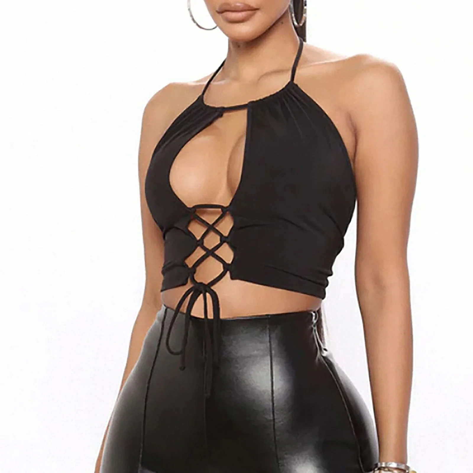 Sexy Strap Hollow Out Bare Midriff Halter Crop Tops Women Tank Top Casual Sleeveless Cropped Vest Camisole Tube Top De Mujer