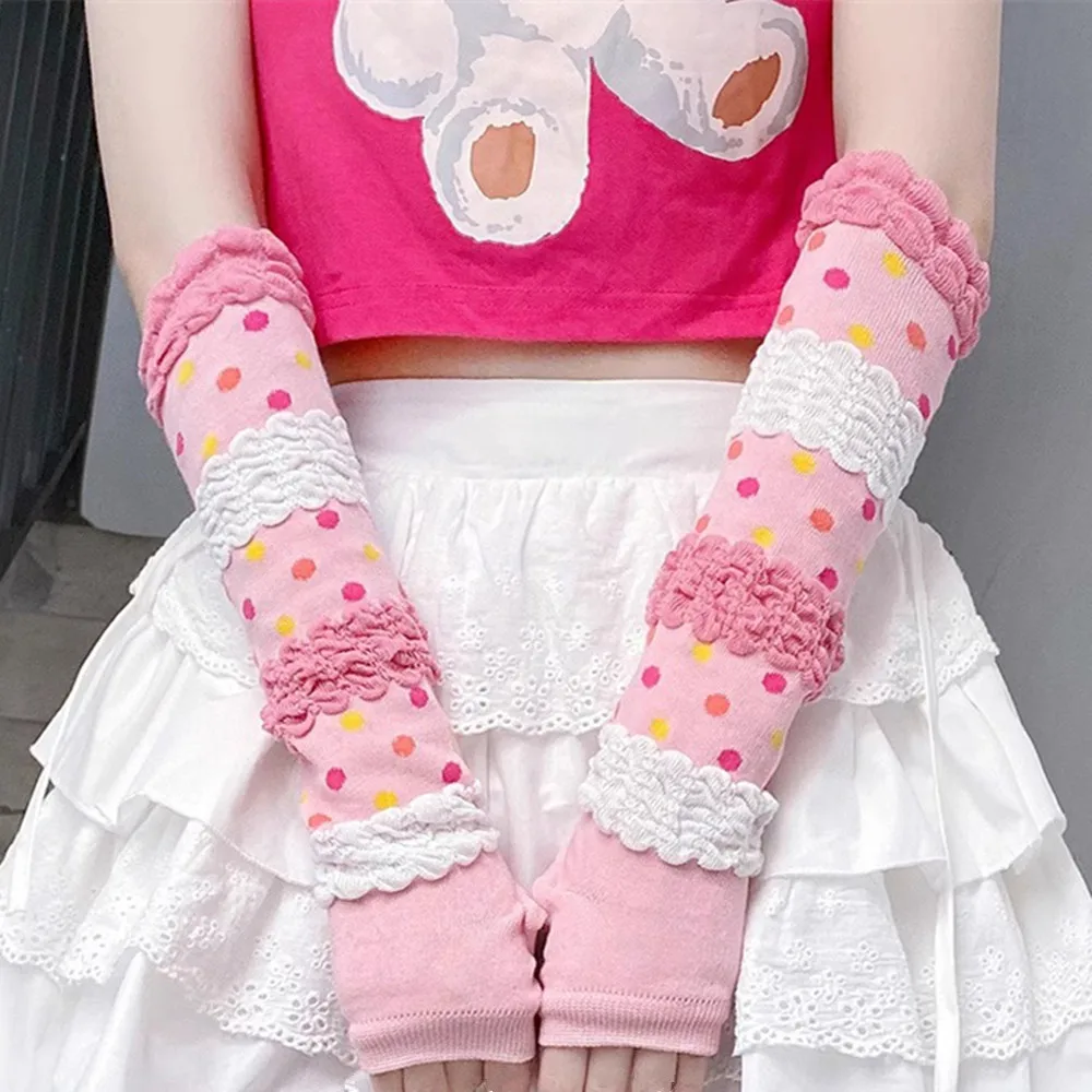 Lolita Hot Girl Sunscreen Arm Sleeves Pink Striped Summer Arm Warmers Air-conditioning Cotton Arm Cover Sun Protect Puff Sleeves