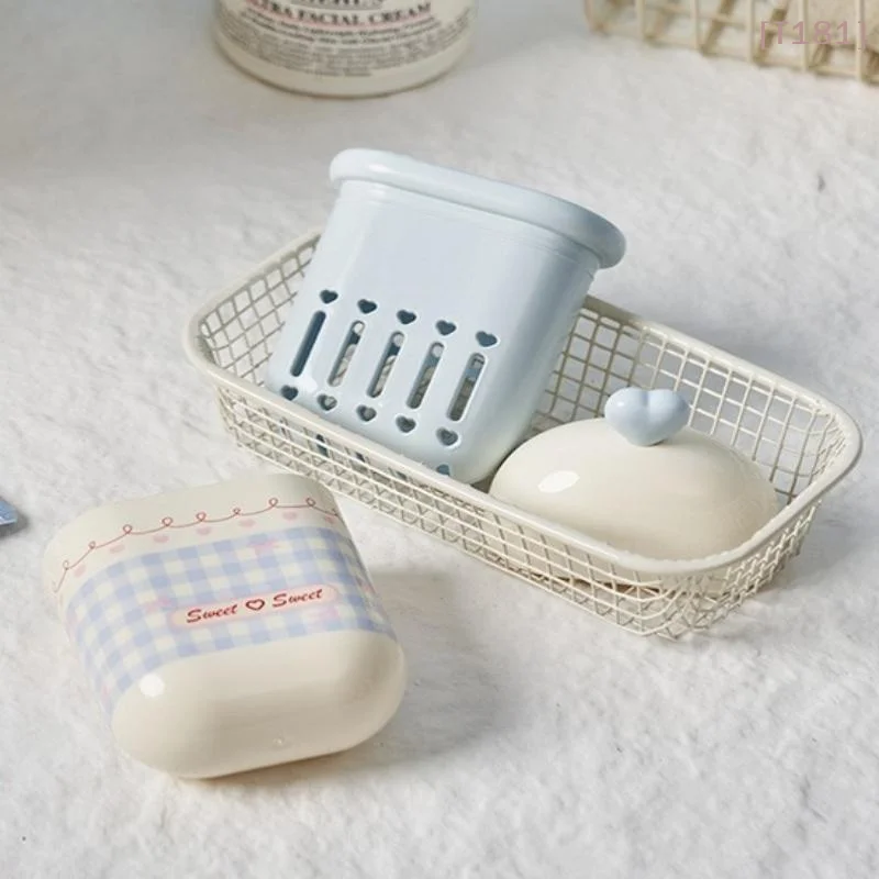 [E] Portable Double Layer Soap Dish With Lid Draining Travel Size Cute Cotton Swab Box Student Friendly Bathroom Organizer