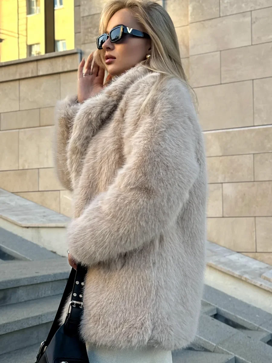 LIMO Women Oversized Faux Fur Coat Wide Lapel Open Front Loose Long Sleeve Plush Pocket Outerwear