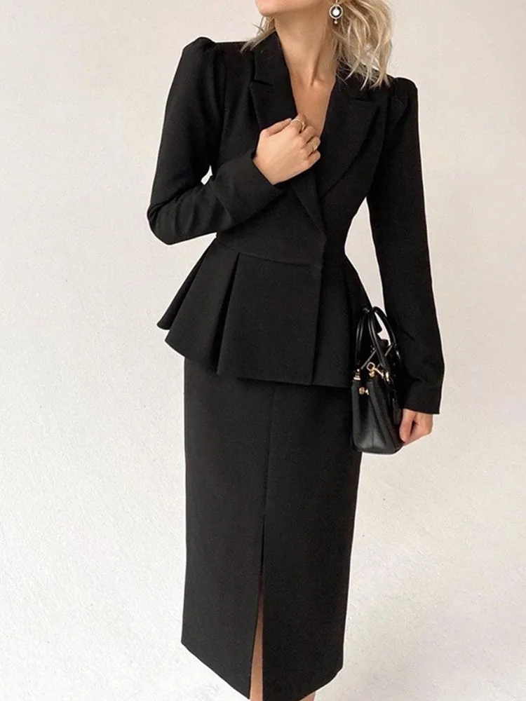 SKMY Autumn Solid Color V-Neck Long Sleeve Midi Skirt Slim Office Ladies Suit 2024 New Fashion Women Two Piece Set Outfits