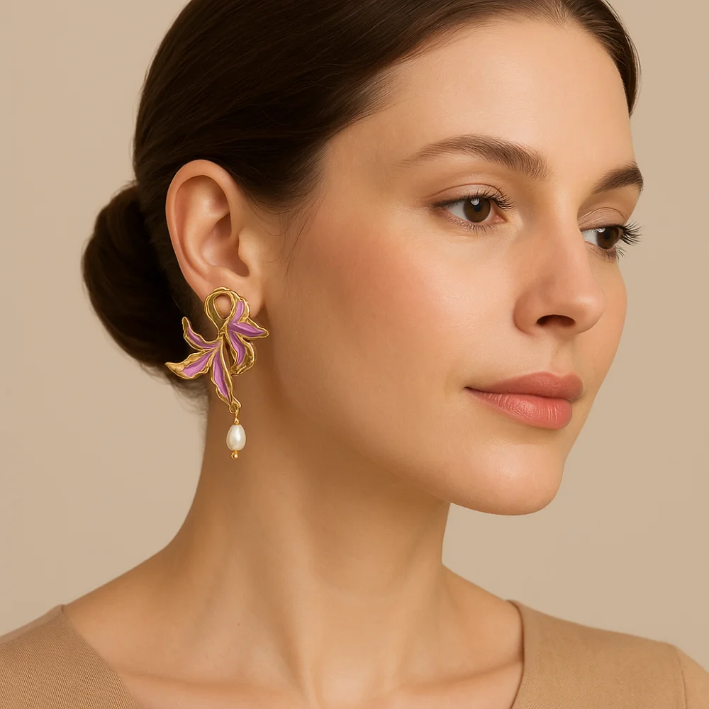 

Gold Plated Enamel Flower Stud Earrings Elegant Light Luxury Drip Oil Earrings Advanced Sense Temperament Pearl Pendant Earrings
