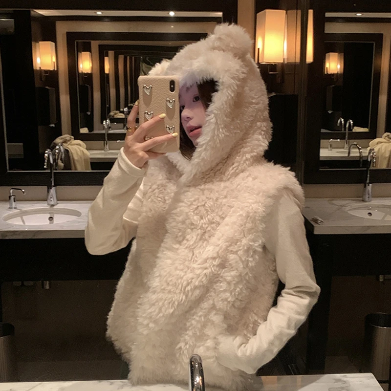 قصيرة مقنعين فو فرو الضأن سترة بلا أكمام الصلبة أفخم معطف أنيق فضفاض المرأة فروي السترات شتاء جديد دافئ رقيق بالأزرار #4