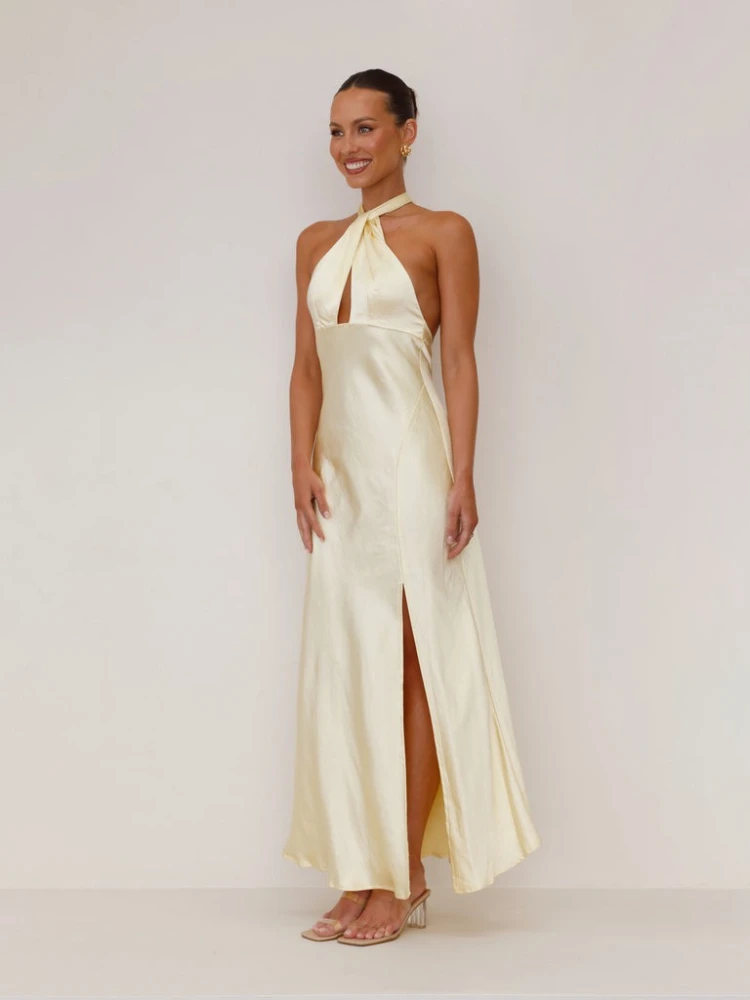 2025年夏新作 レディース セクシー ウエストマーク ネックレス スリット入り ロング ノースリーブ サテン素材 通勤 通学 バカンススタイル ワンピース